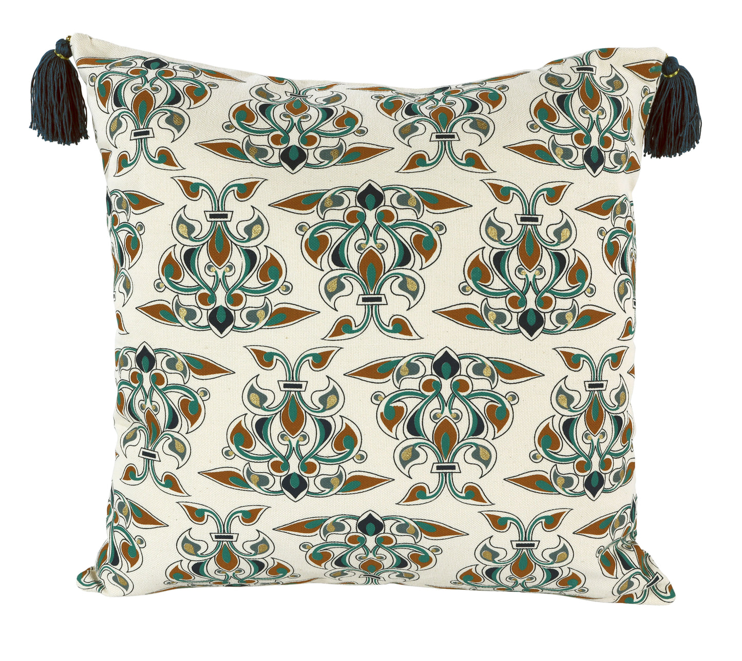 Decorative cushion cover with a geometric Islamic pattern and tassels on a white background