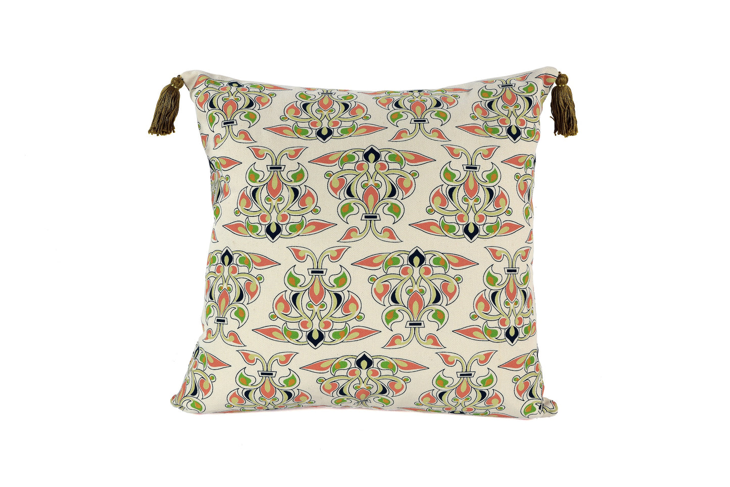 Decorative cushion cover with a geometric Islamic pattern and tassels on a white background