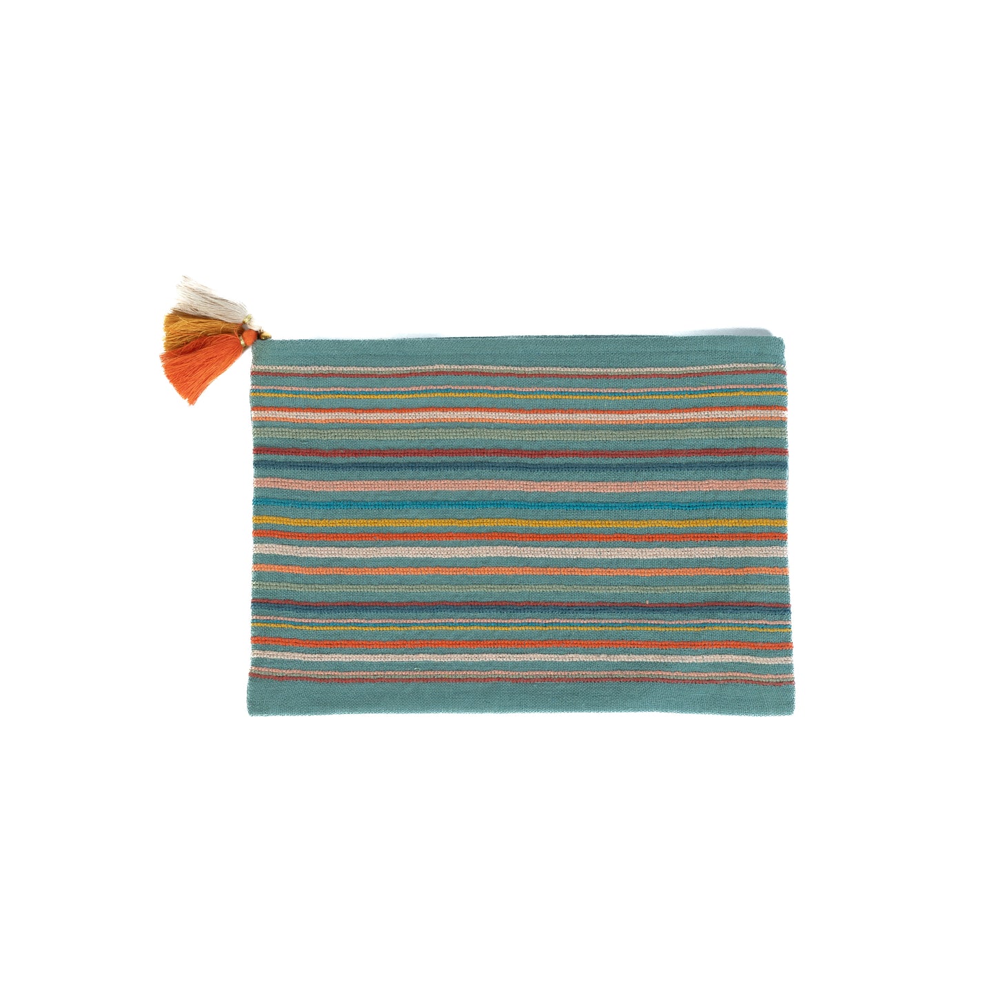 A striped, handwoven pouch made of Egyptian linen with multicolored stripes and a tassel detail on the corner.
