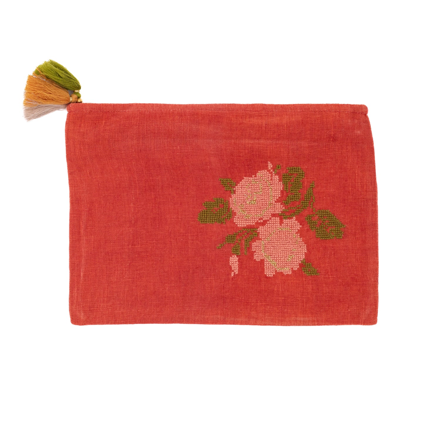 A yellow linen pouch with hand-embroidered red rose design and a green tassel.