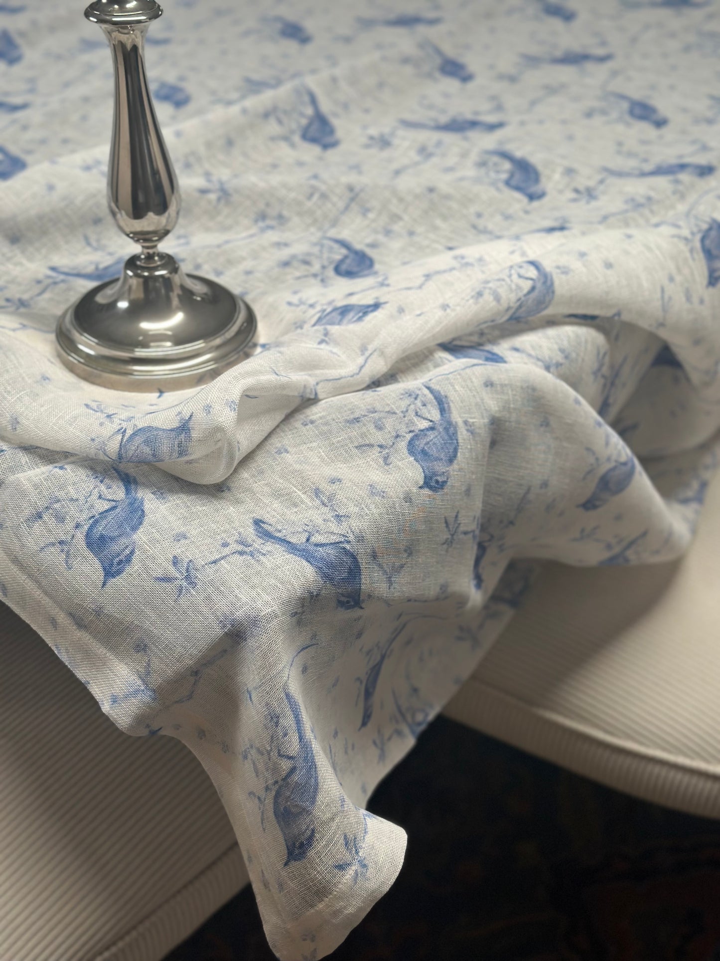 Egyptian linen tablecloth with blue bird pattern.