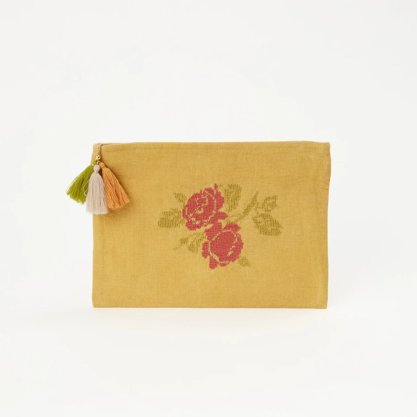Yellow pouch with floral embroidery and tassels on a white background