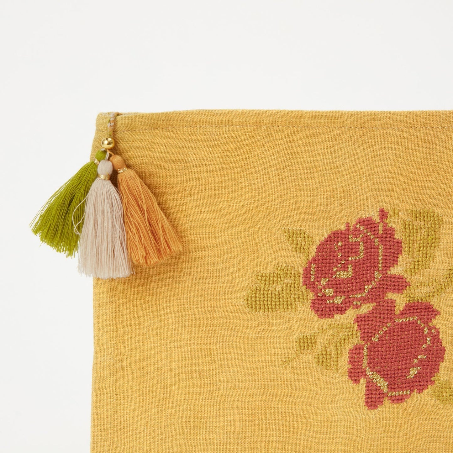 Yellow fabric pouch with floral embroidery and tassel details on a white background