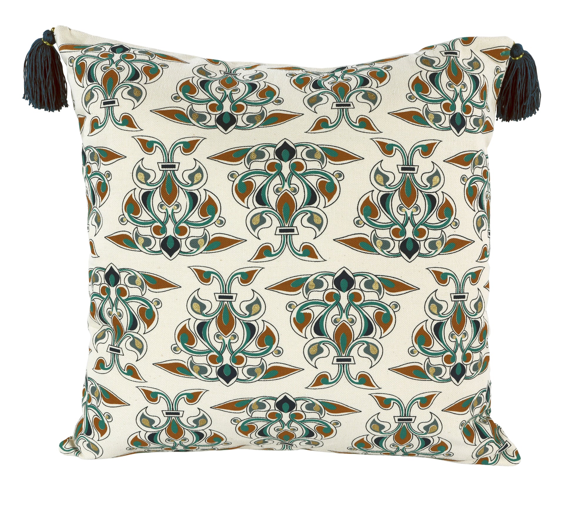 Decorative cushion cover with a geometric Islamic pattern and tassels on a white background