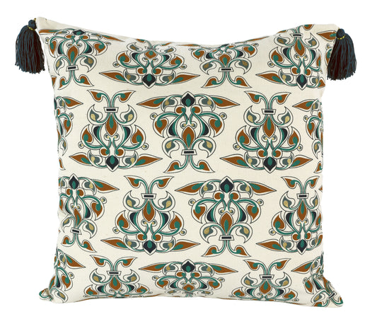 Decorative cushion cover with a geometric Islamic pattern and tassels on a white background