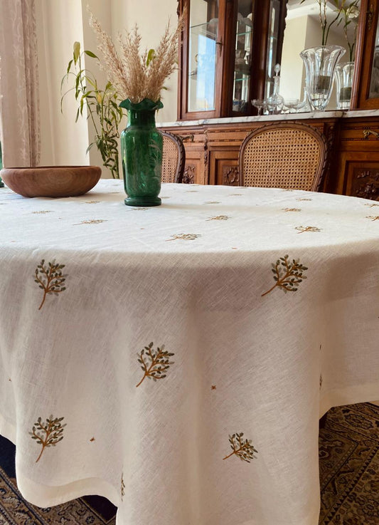 Tablecloth with floral patterns on a table in a room with furniture and decor.