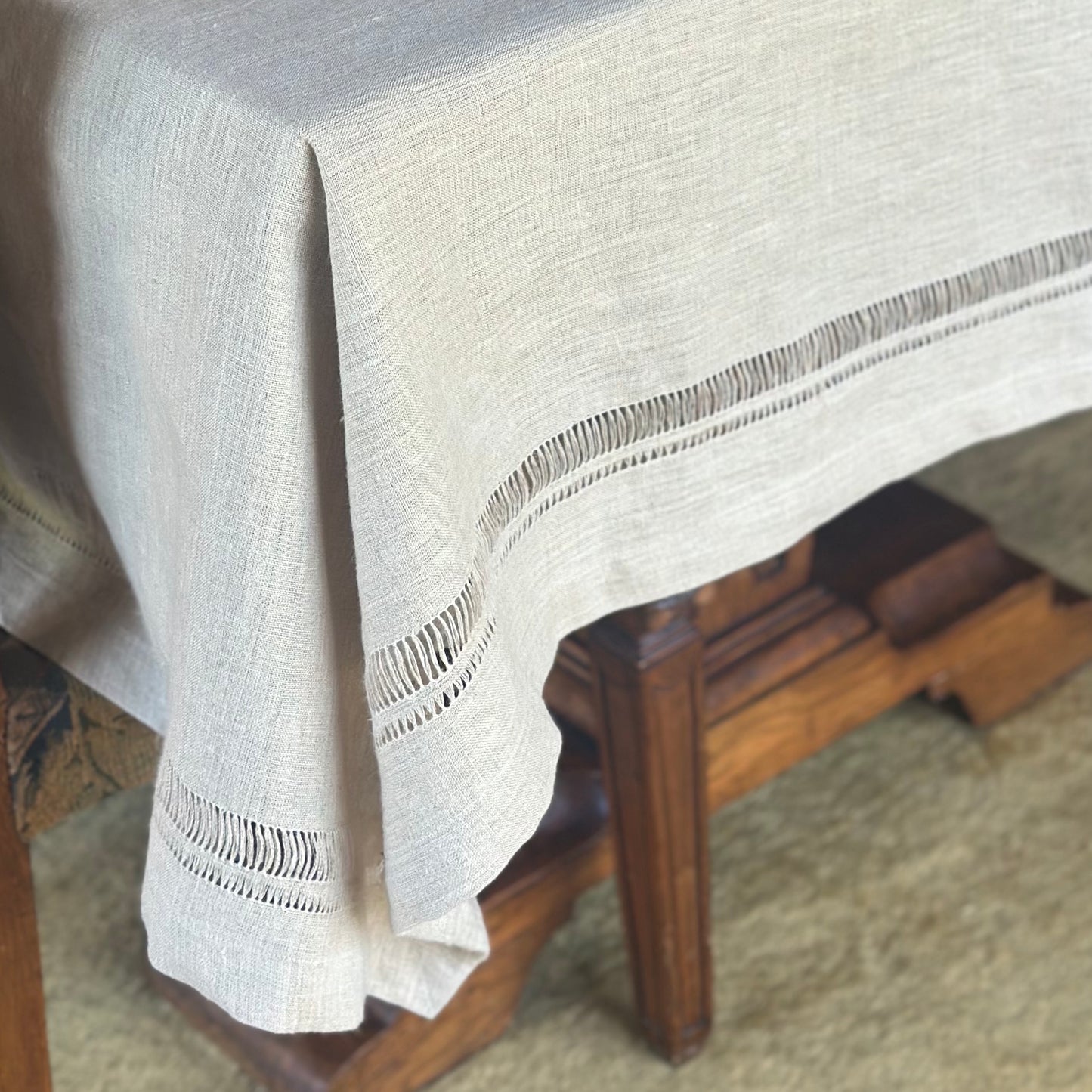 Close-up of a handmade linen tablecloth.