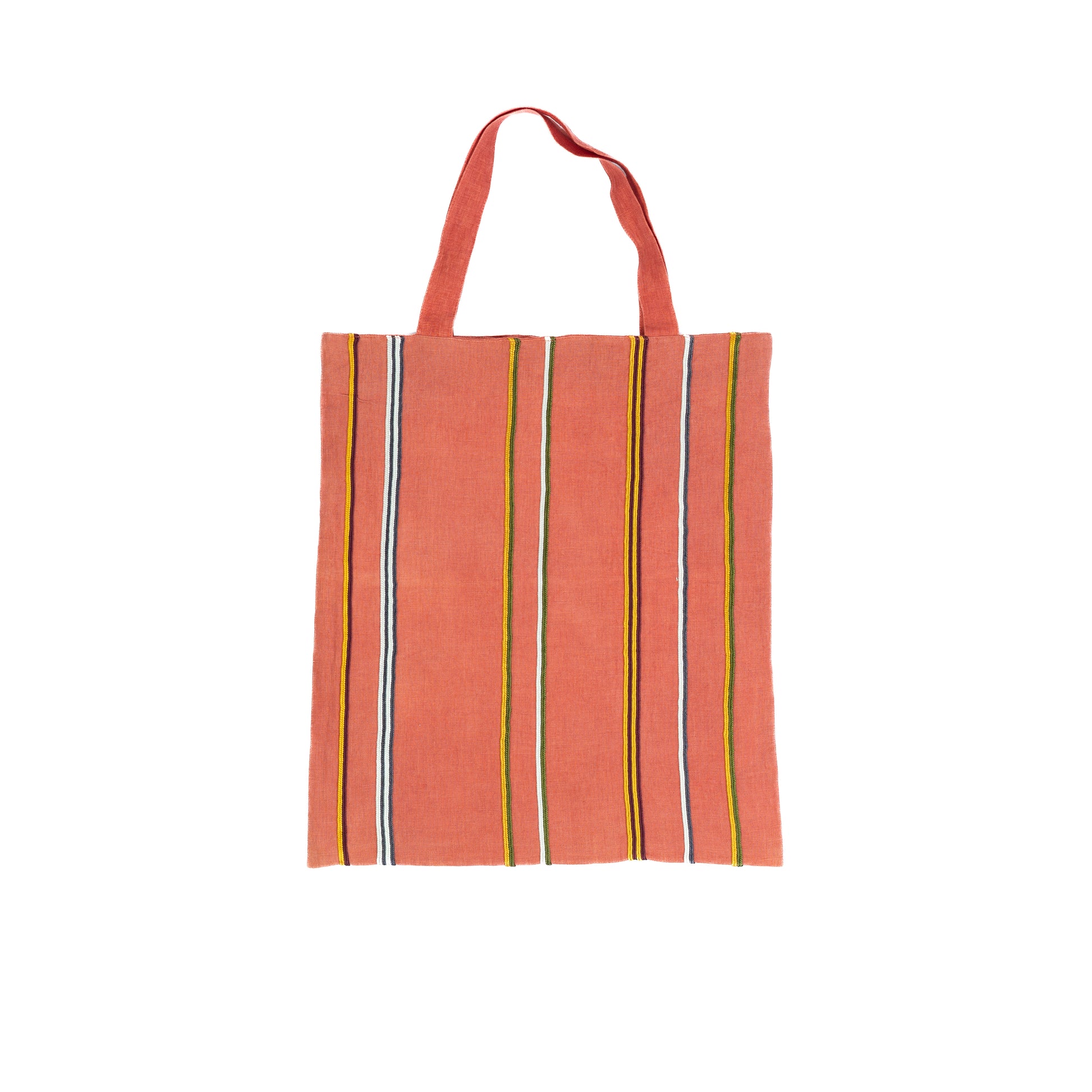 Red Egyptian cotton tote bag with vertical stripes.
