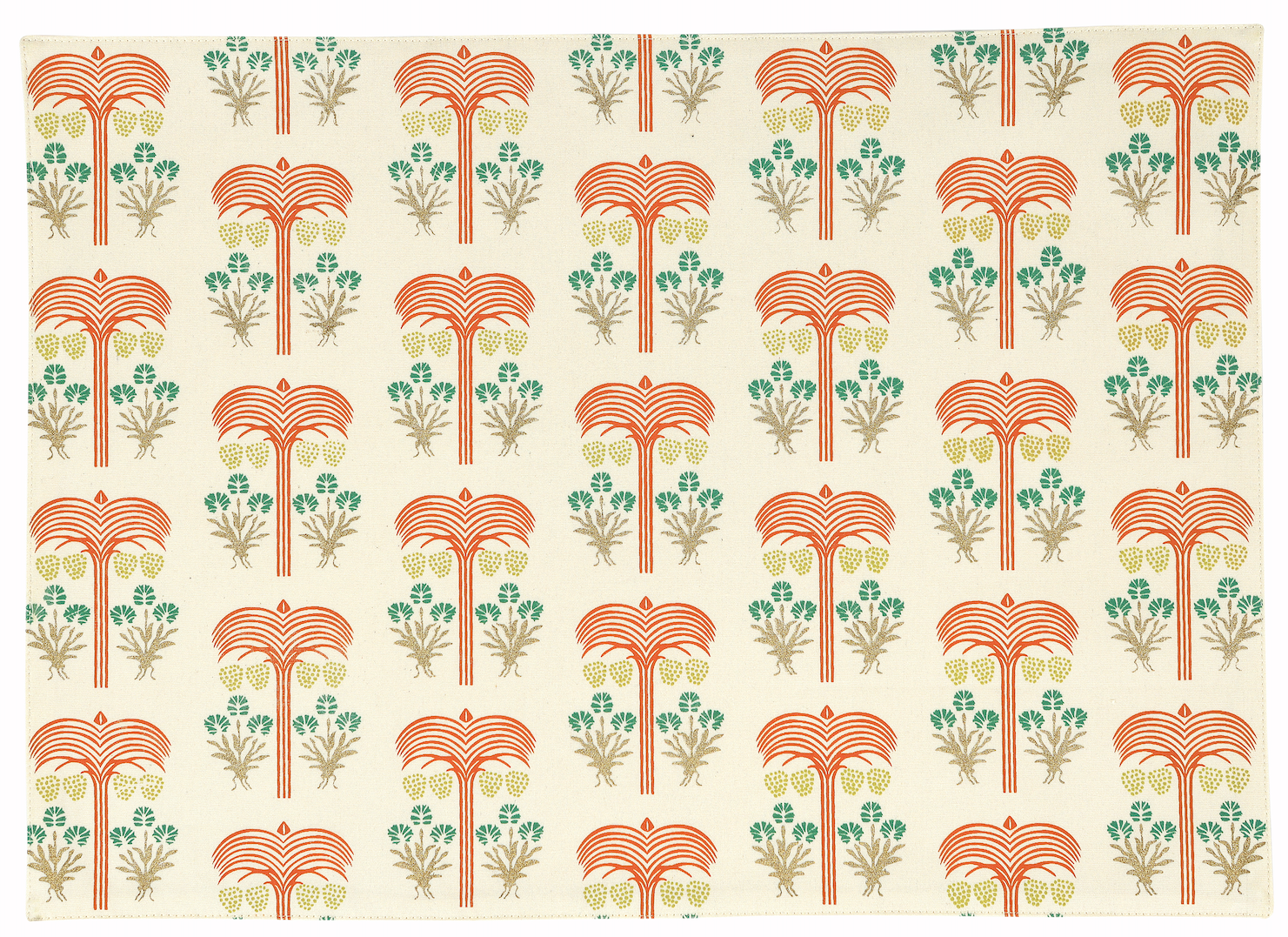 Patterned placemat with palm tree design on a beige background