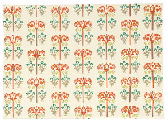 Patterned placemat with palm tree design on a beige background