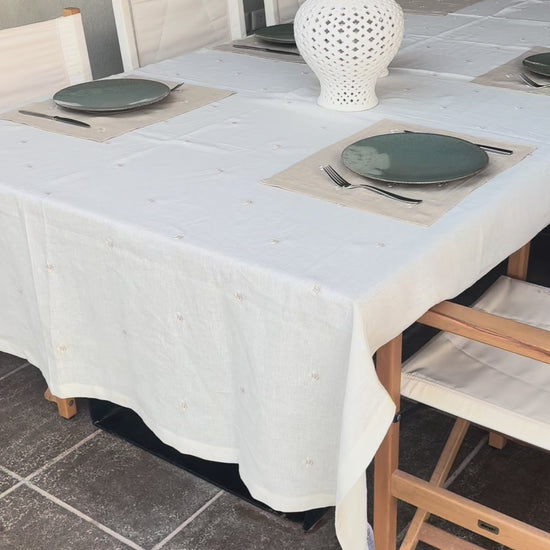 Egyptian linen tablecloth in the breeze. 