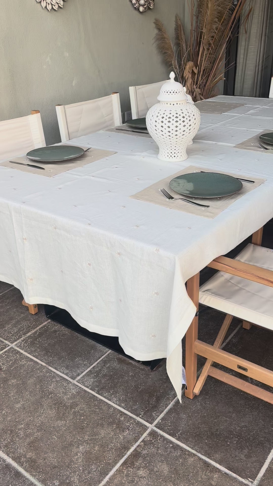 Egyptian linen tablecloth in the breeze. 
